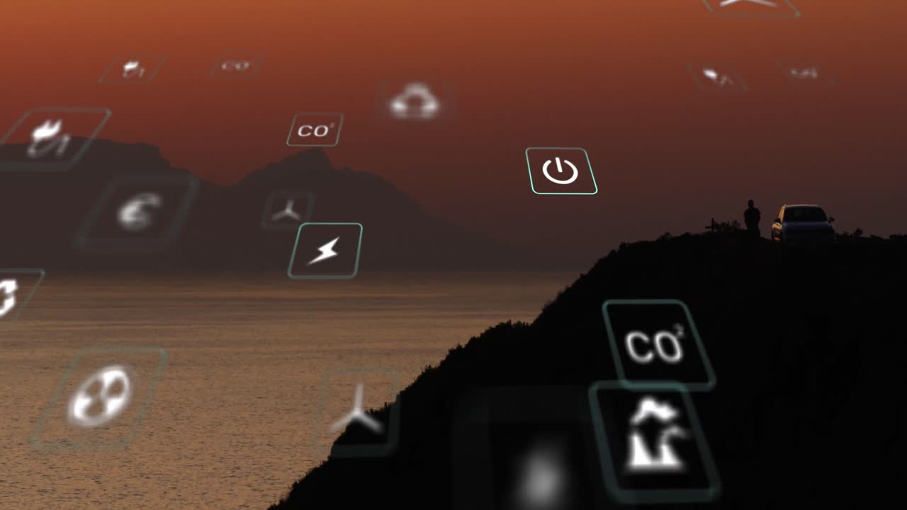 Animation of sustainability and ecology icons over landscape