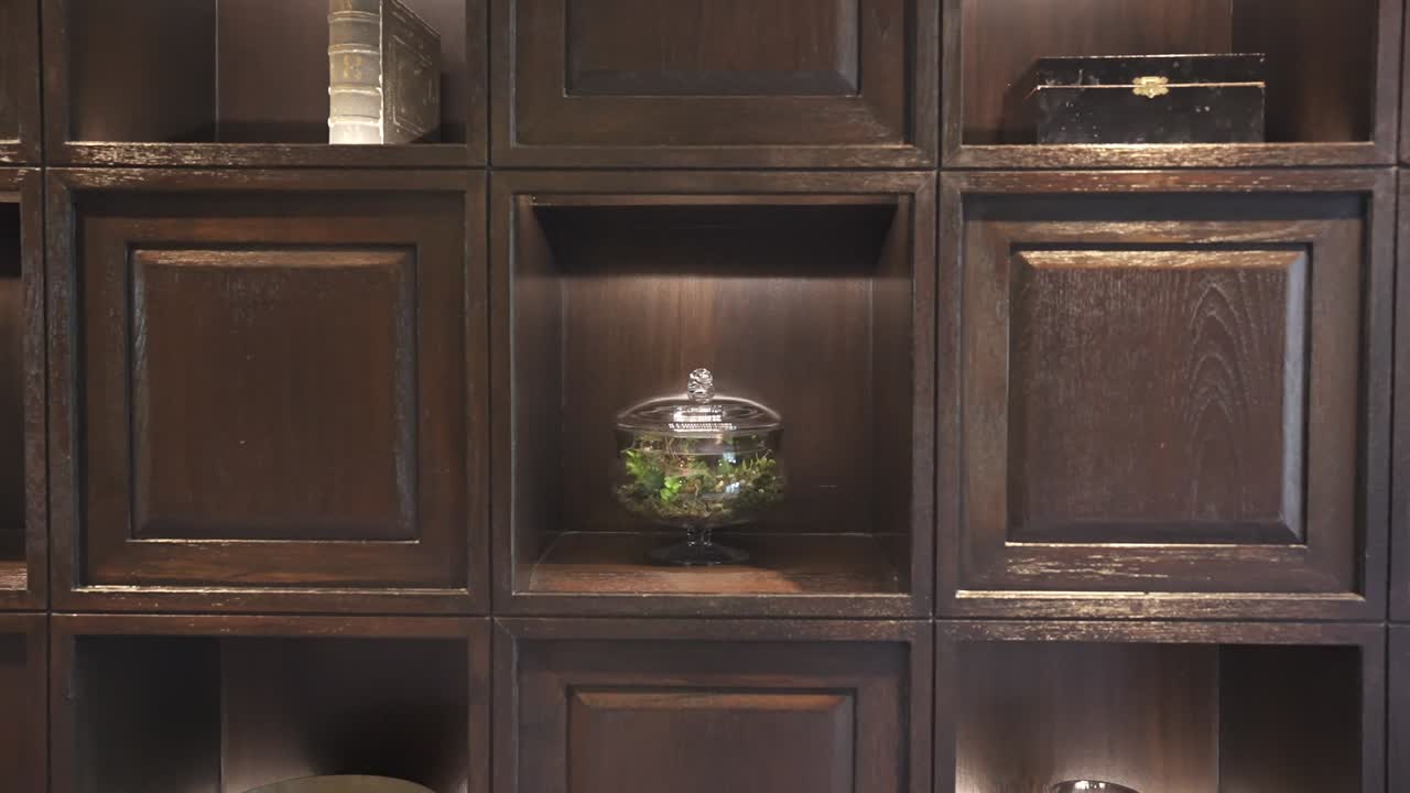 A close view of a dark wooden bookshelf filled with various decorative items and books