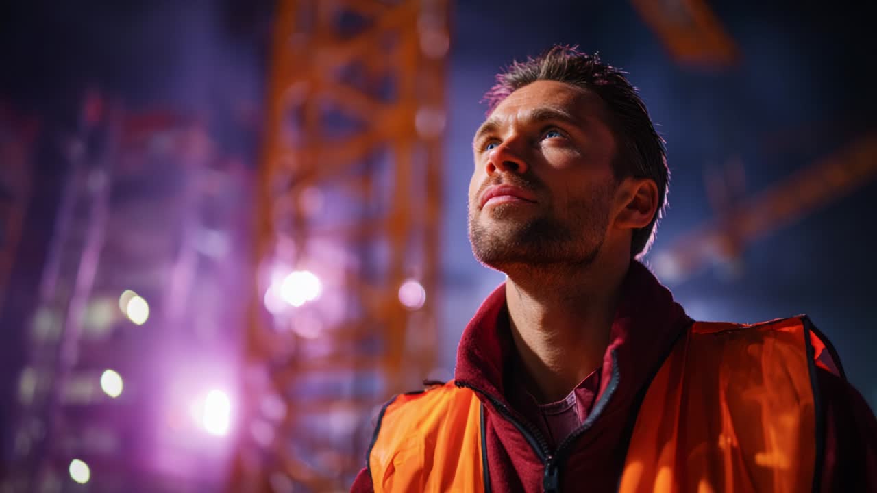 A thoughtful construction worker in an orange vest gazes upward amidst a nighttime construction site, illuminated by vibrant lights and towering cranes, reflecting a moment of contemplation within a bustling environment