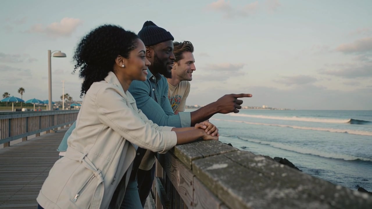 Pointing middle man wearing beanie leading two friends leaning on pier rail, pointing toward shore