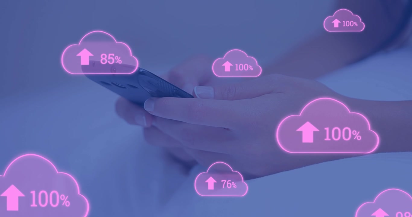 Animation of cloud icons with growing numbers over hands of caucasian woman using smartphone