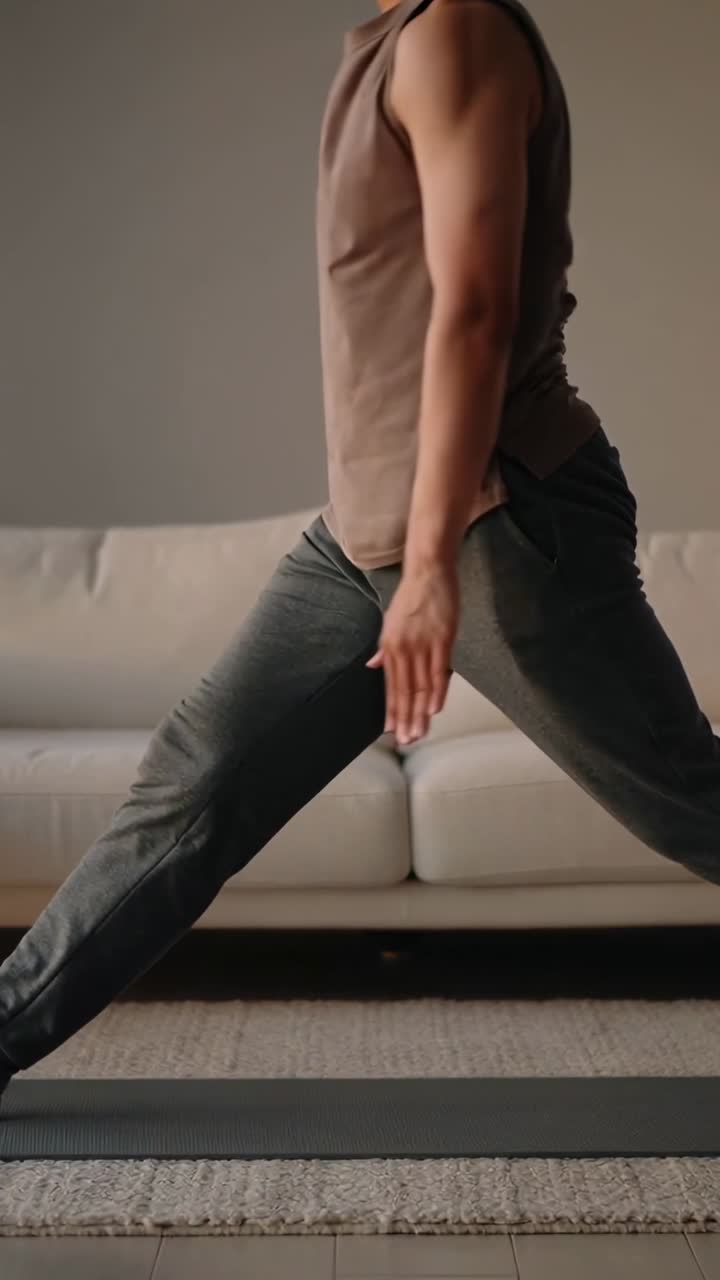 Man Doing Yoga and Stretching on a Mat in His Living Room