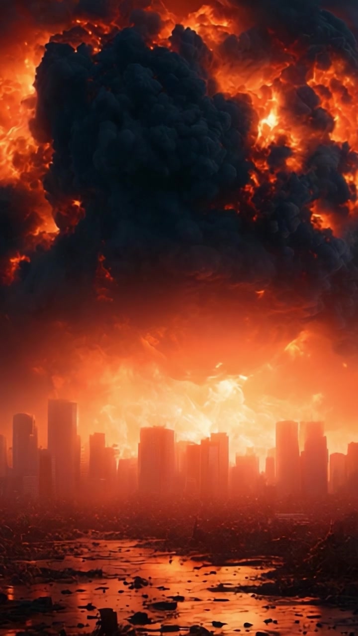 Transformação dramática de uma paisagem urbana: Uma cena apocalíptica se desenrolando sob um céu ardente, combinando destruição e fenômenos naturais caóticos em uma exibição visual impressionante.