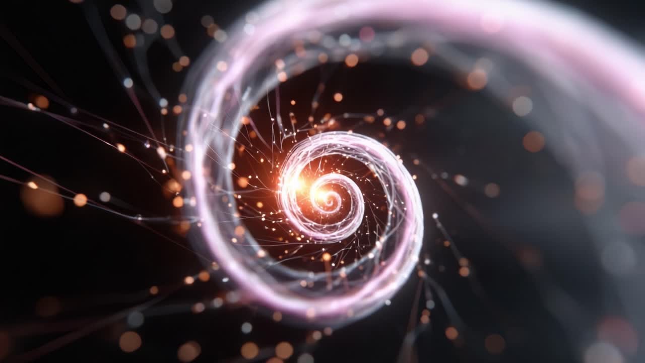 Una spirale ipnotizzante di luce ed energia, che mostra particelle luminose e movimento dinamico in una danza cosmica accattivante di colori e forme.