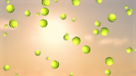 tennis balls descend against a sunset backdrop