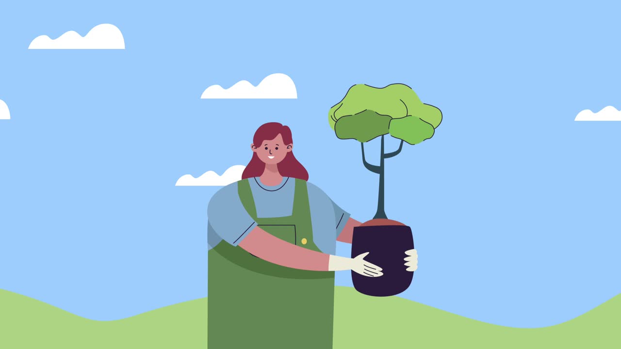 eco friendly animation with woman lifting tree plant