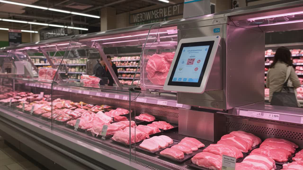 Modern Supermarket Meat Display Featuring Fresh Cuts with Interactive Digital Pricing System Under Soft Pink Lighting in a Bustling Shopping Environment