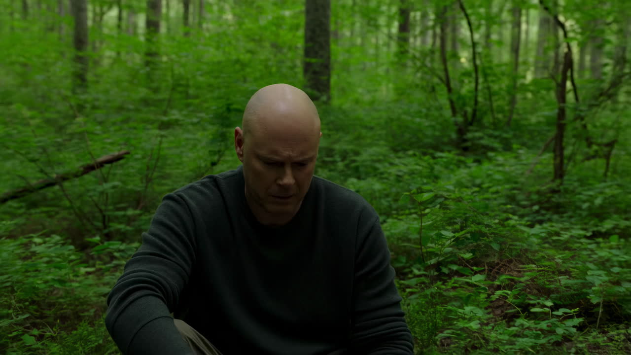 Serious Bald Man Contemplating in a Lush Green Forest
