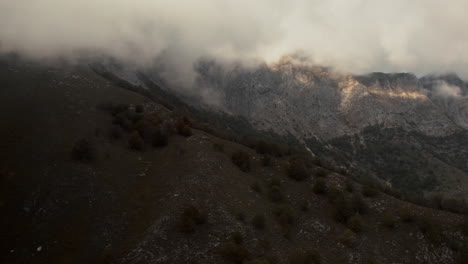 Aerial-view-of-a-dormant-volcano-covered-in-clouds