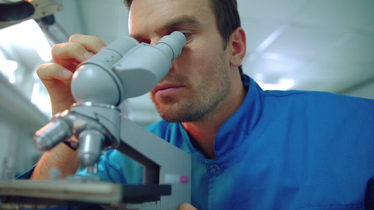 Laboratory researcher using lab microscope. Lab worker looking microscope