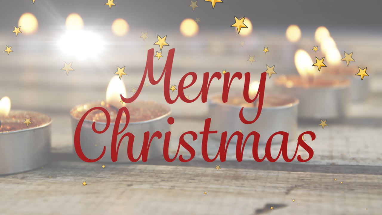 Animation of stars falling over merry christmas text on tealights in background