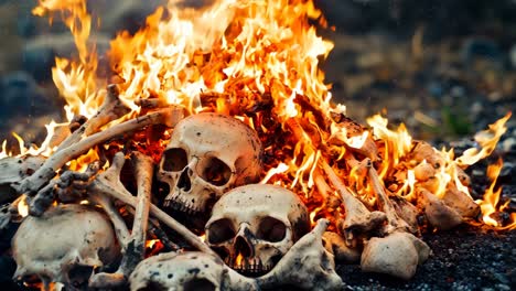 a pile of skulls and bones on fire in the middle of the ground