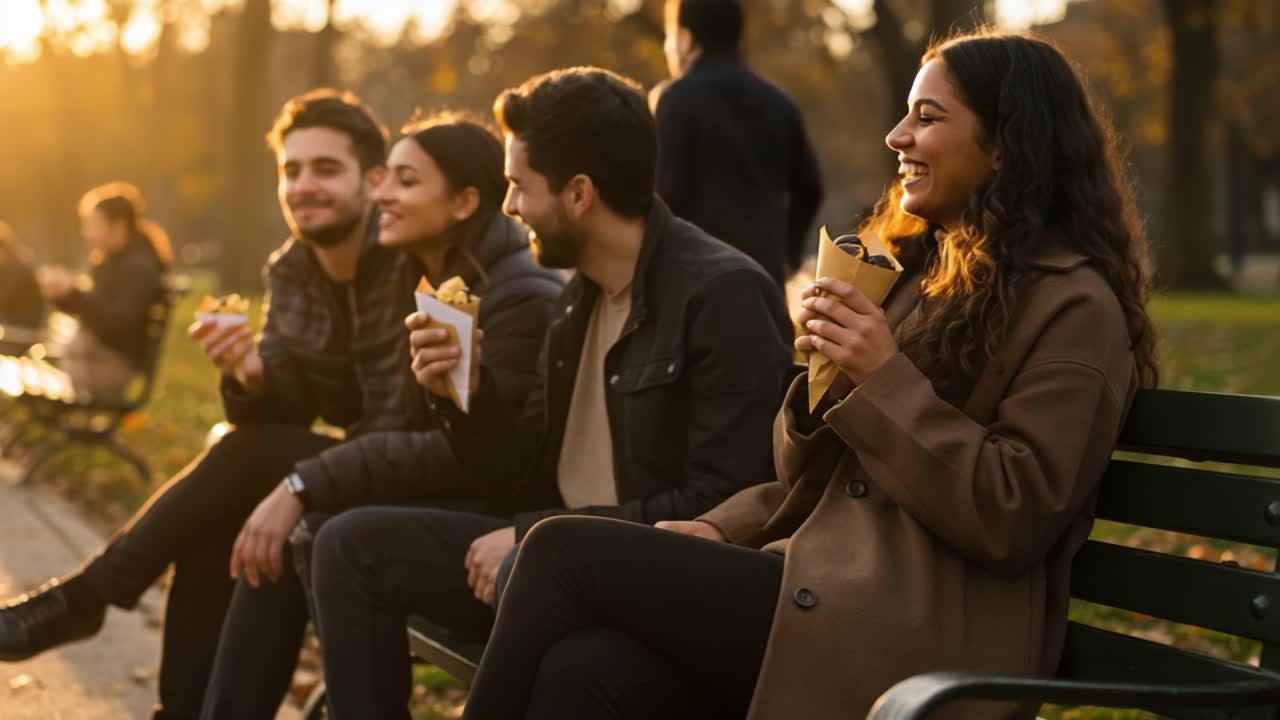 Friends enjoying snacks and laughter on a park bench during sunset