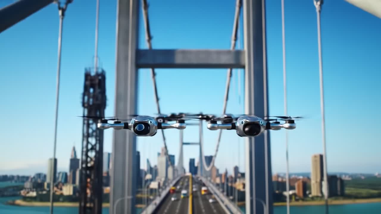 A captivating view of drones flying over a prominent bridge with a bustling city skyline in the background.