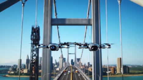 a captivating view of drones flying over a prominent bridge with a bustling city skyline in the background.