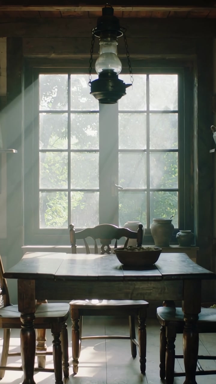 Vertical video: Moving sunlight through leaves bathing table and lamp in home, lighting bowl