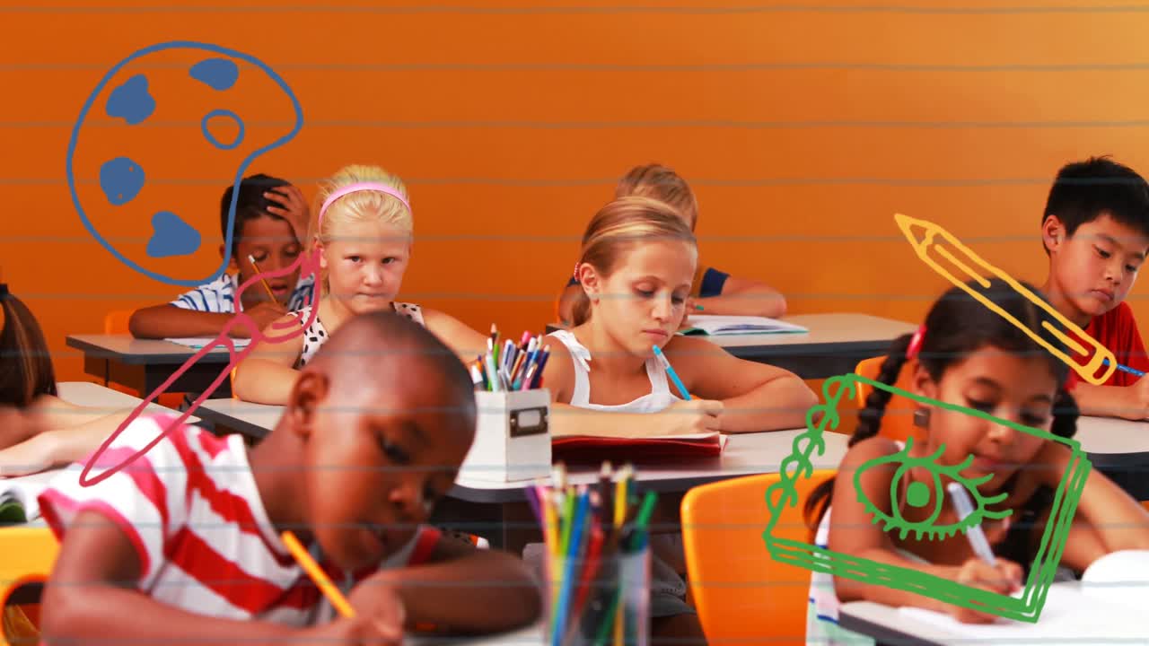 Animation of school icons over diverse schoolchildren in classroom