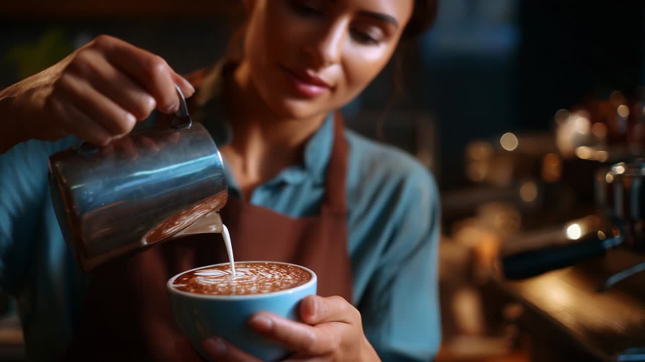 el barista vertiendo el latte art