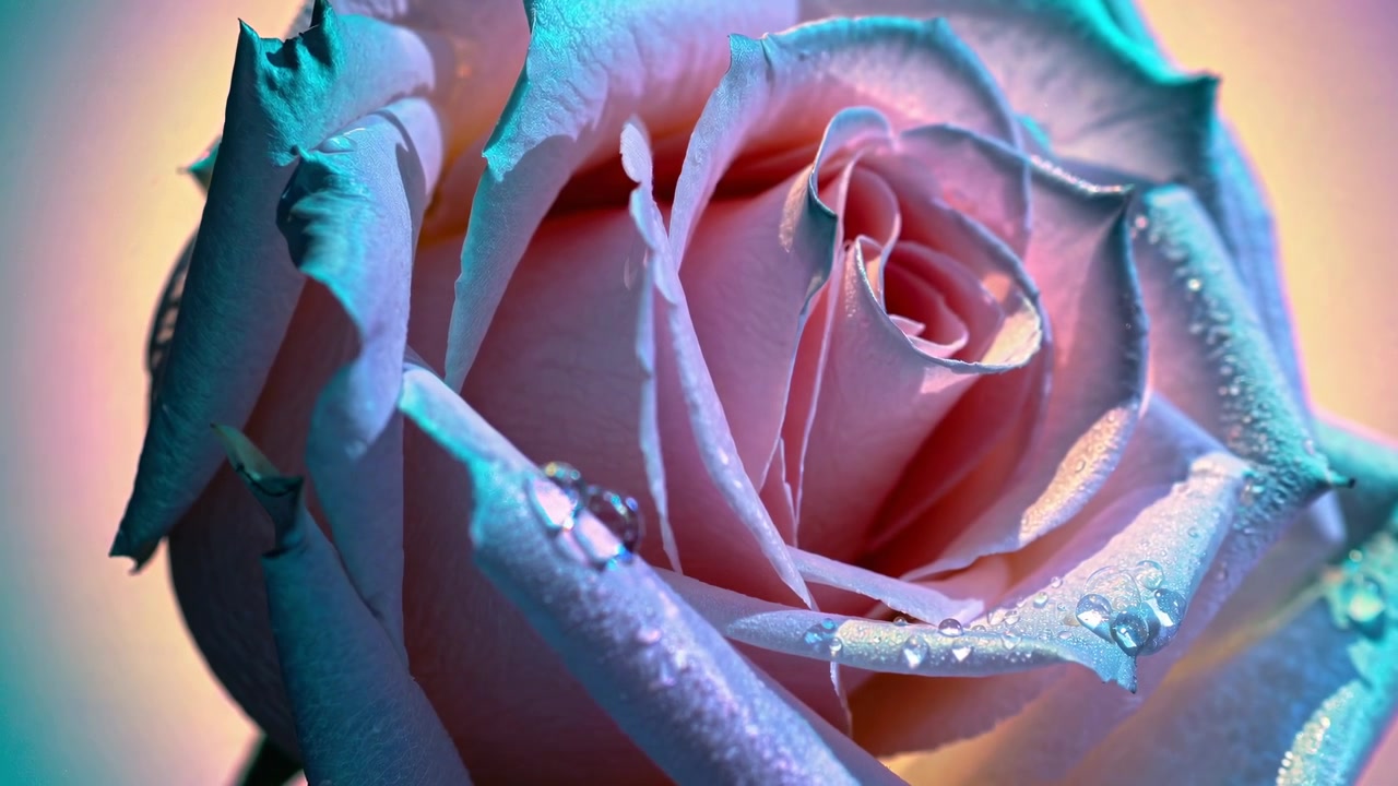Close-up of a pastel-colored rose with dewdrops, captured from a top-down angle.