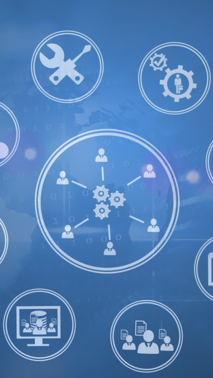 animación de la red de iconos de negocios y trabajo y engranajes sobre fondo azul