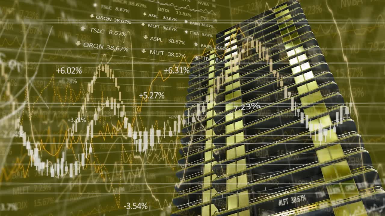 animación del procesamiento de datos financieros en el edificio