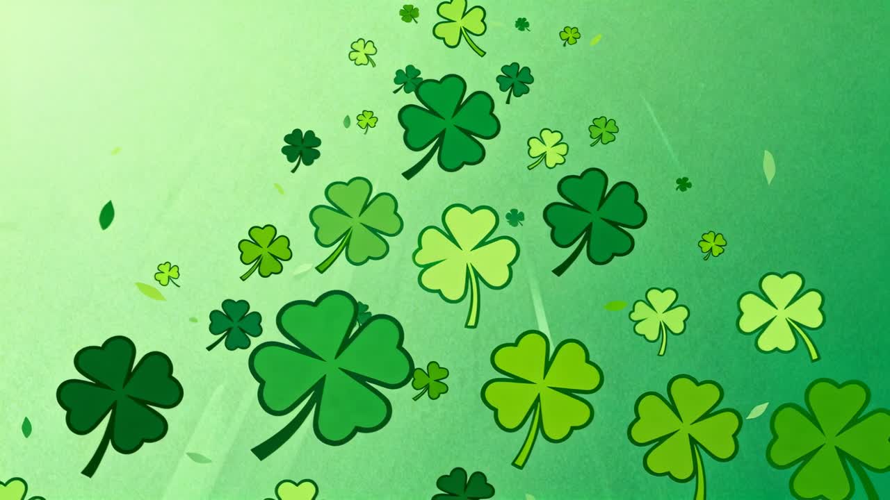 Starting animation four leaf clovers drifting upward across green gradient backdrop, creating depth