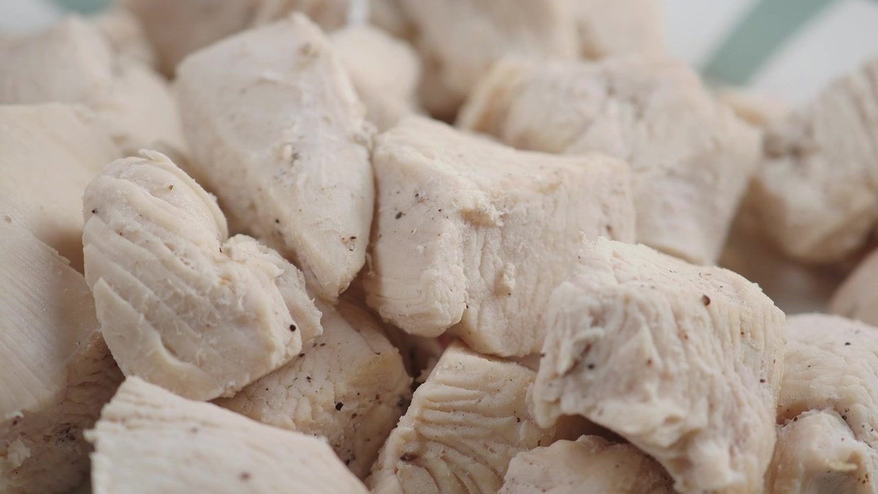 Close-up of Cooked Diced Chicken Breast on a Plate