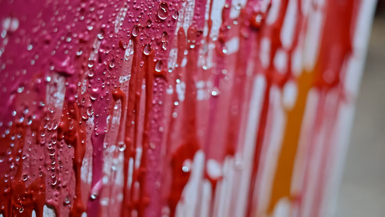 Close-up of a wet painting with water droplets and vibrant colors