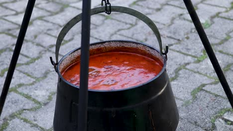 Cooking-Stew-Outdoor-on-tripod,-Croatia,-Cobanac,-Tradition-Meal,-Slavonija,-medium-shot