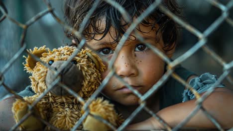 sad boy with teddy bear behind fence