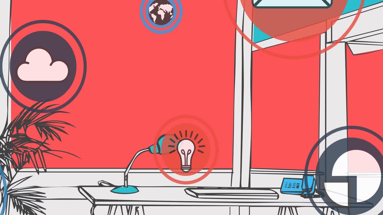 коммуникационные и медийные значки над столом в офисе через окно с красным фоном