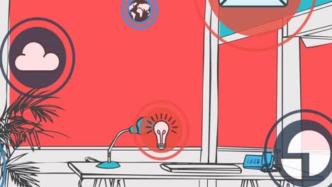 iconos de comunicación y medios sobre el escritorio en la oficina por la ventana con fondo rojo