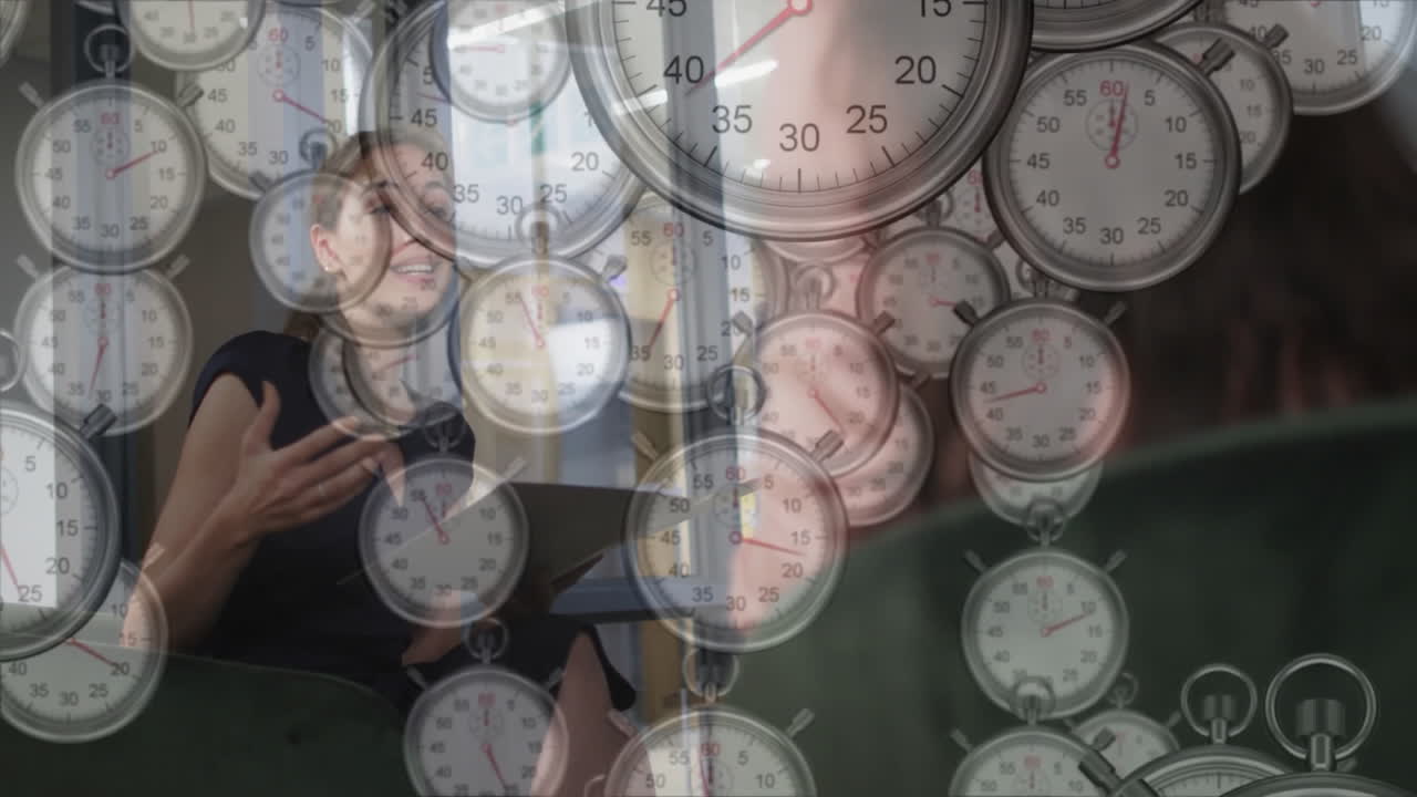 In school, animation of multiple stopwatches overlaying person, showing time management