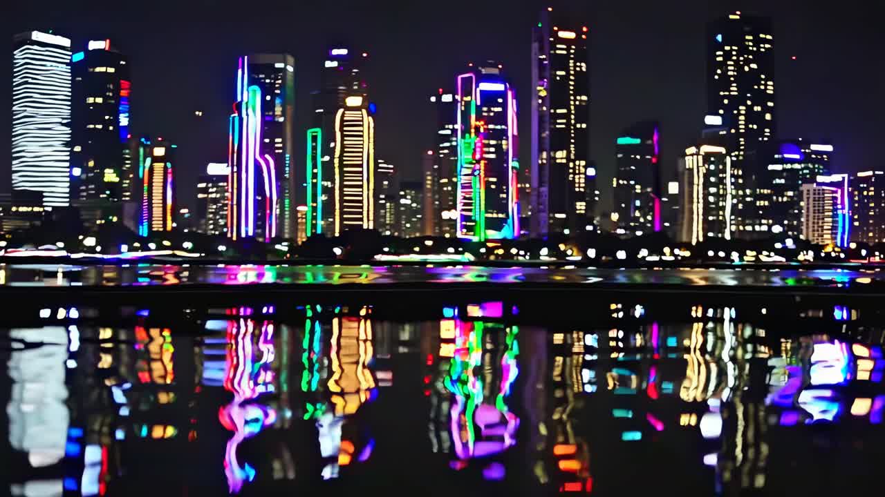 el colorido horizonte de la ciudad por la noche con reflejos