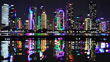 colorful city skyline at night with reflections