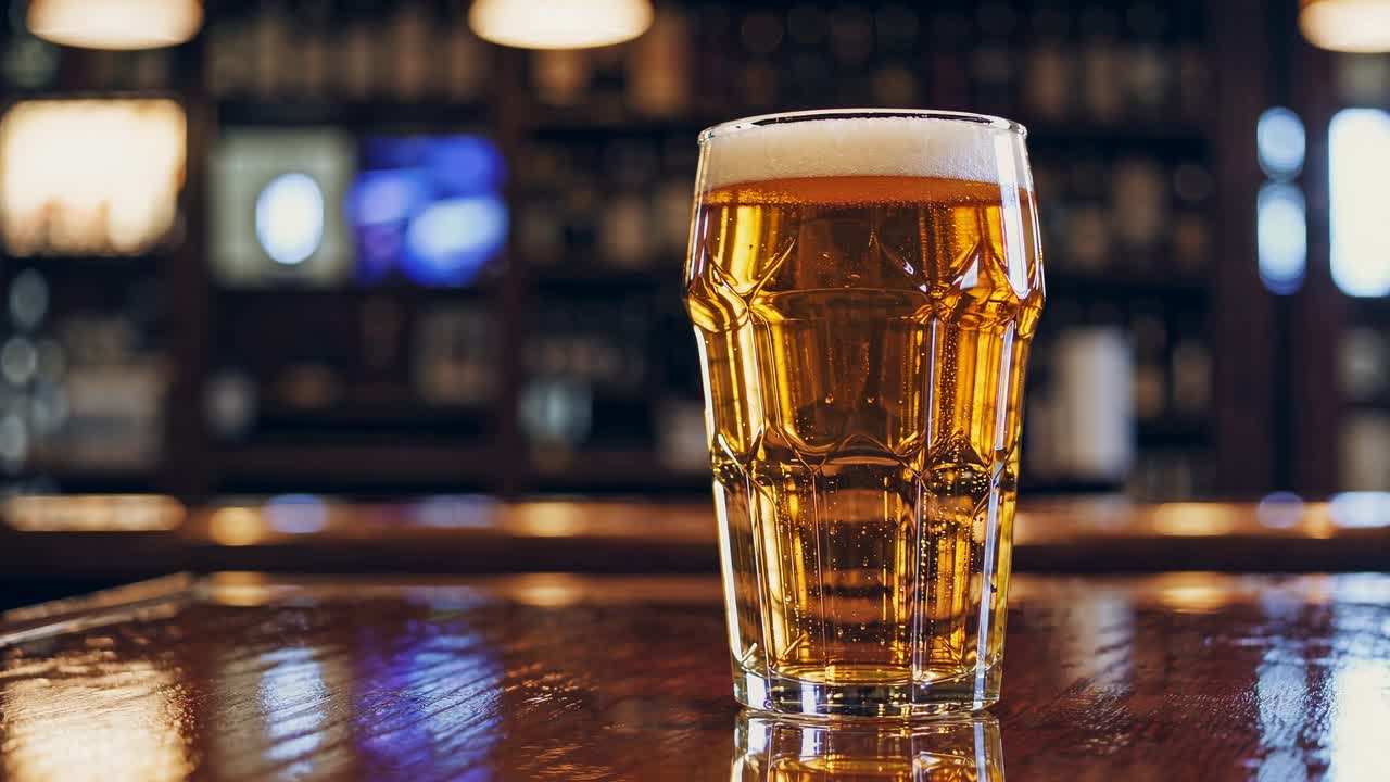 Close-up shot of a pint of beer on a wooden bar counter, with a blurred pub background