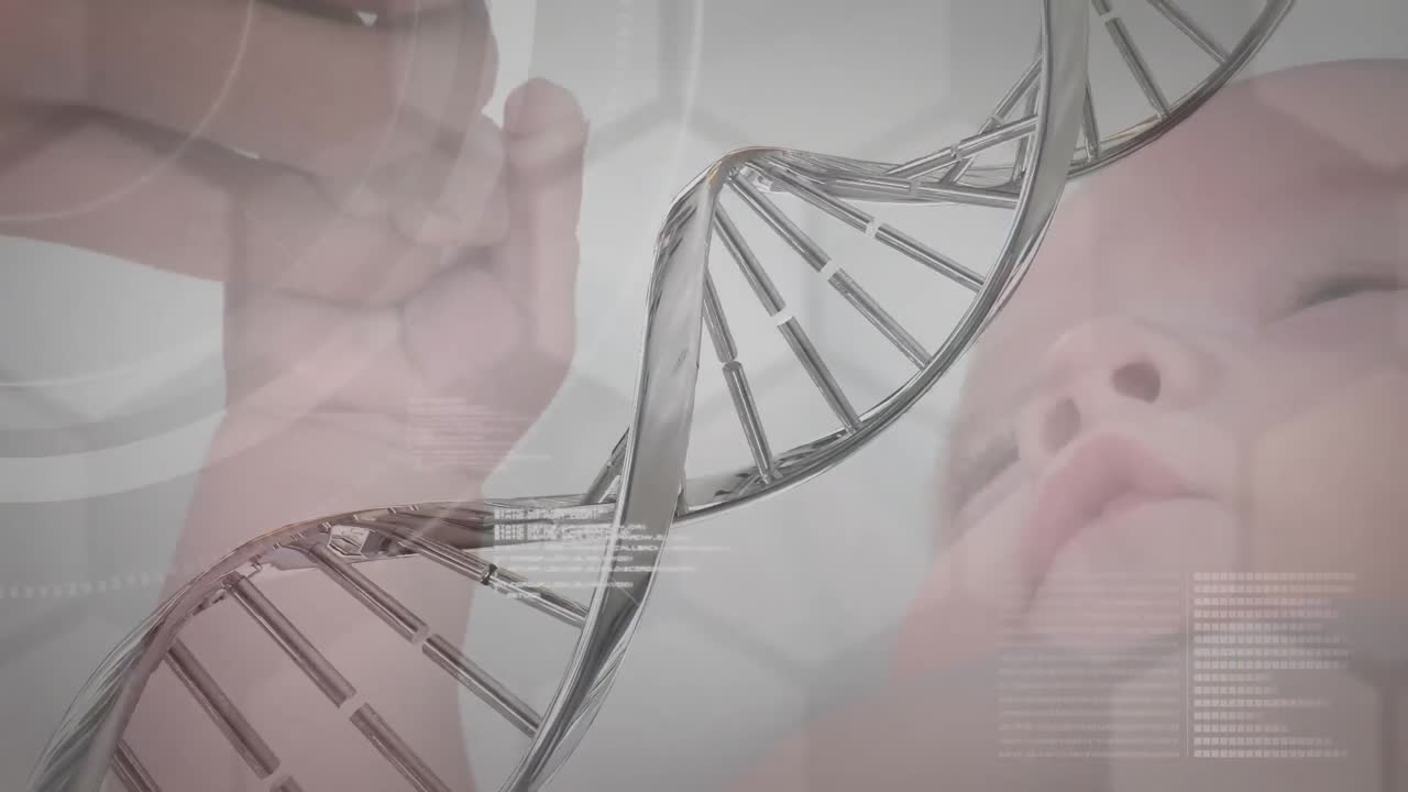 3차원 dna 가닥의 애니메이션이 어머니와 함께 아기 위에서 데이터 처리를 회전시키고 있습니다.