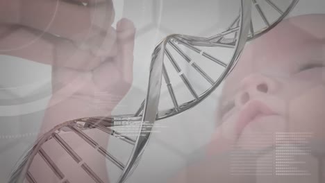 animation of 3d dna strand spinning data processing over baby with mother