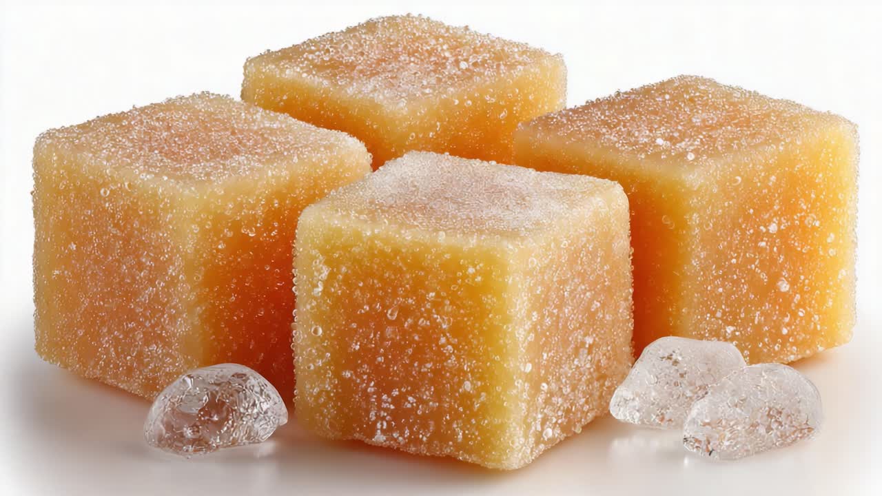 Una vista en primer plano de cubos glaseados con una textura brillante: examinando los intrincados detalles de confiterías azucaradas entre cristales de hielo.