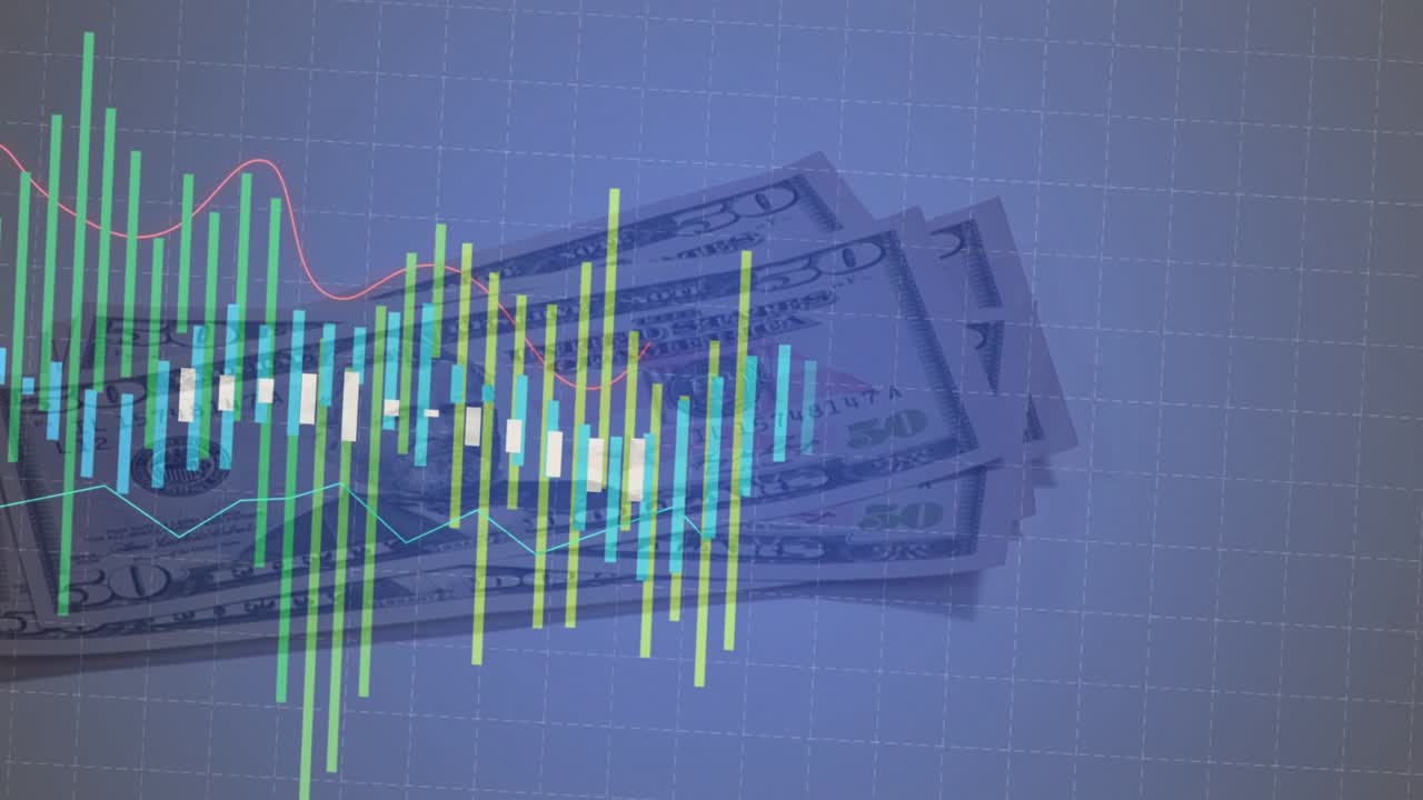 Mano che entra dall'alto a sinistra posizionando banconote da 50 dollari su una griglia, con un'overlay che si espande a destra mostrando la crescita del mercato.