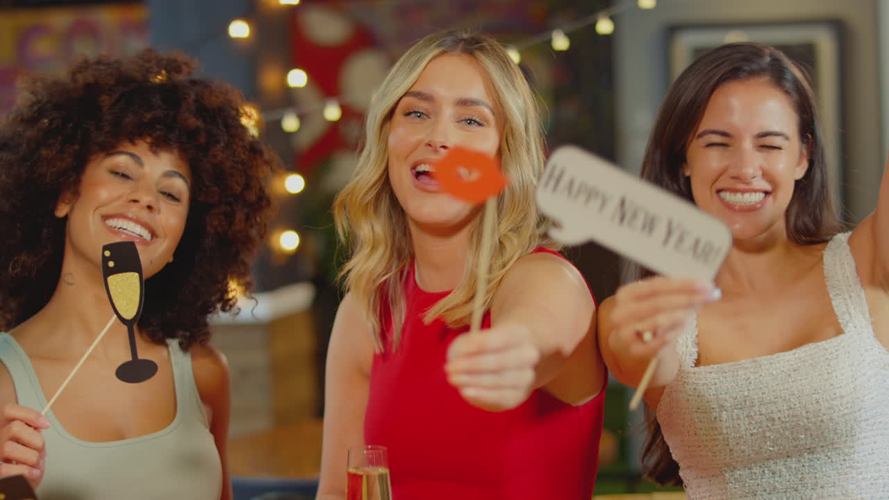 다문화 여성 친구 그룹이 2022 년 새해 파티 밤에 술집에서 축하합니다.