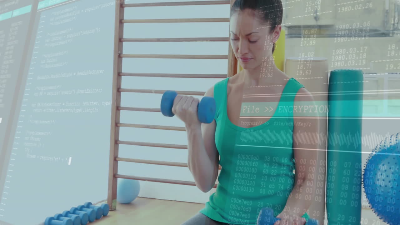 woman performing bicep curls in gym, using fitness technology with blue dumbbells and code overlay