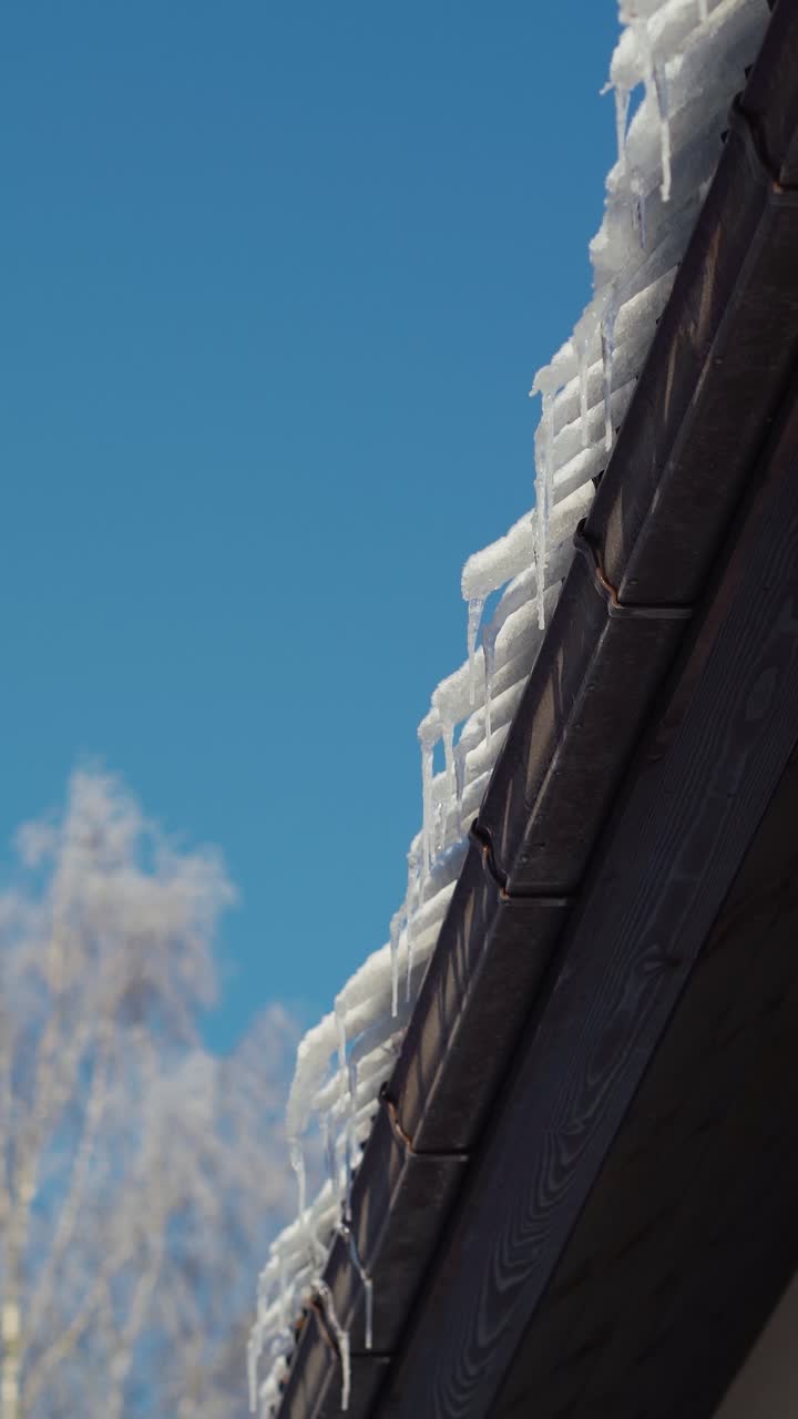 Frozen snow hanging over a roof. Vertical video of Icicles on a roof in a sunny and cold winter day.
