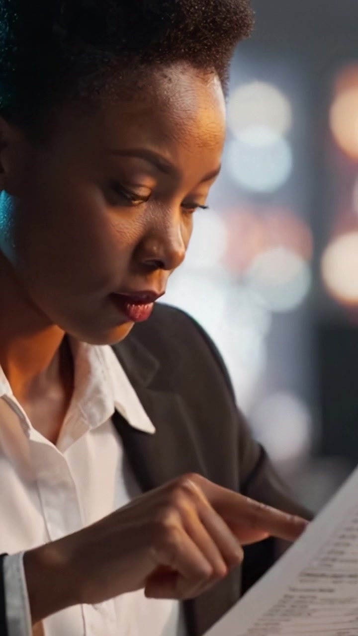 Focused Professional Examining Documents in a Modern Office Environment with Soft Lighting and Blurred Background Effects for Enhanced Visual Appeal