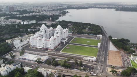 aerial footage of the telangana secretariat and martyrs memorial situated in hyderabad