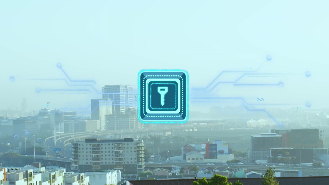 마이크로프로세서 연결과 함께 보안 키 아이콘의 애니메이션 도시 풍경의 공중 전망