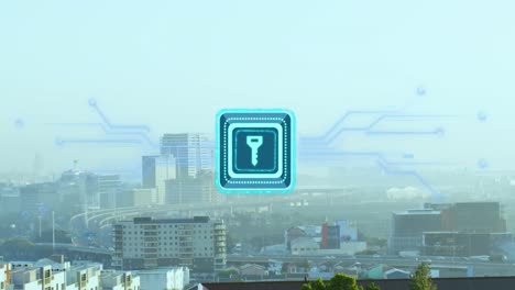 animation of security key icon with microprocessor connections against aerial view of cityscape