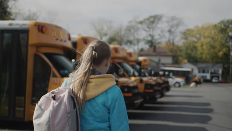 A-student-walks-along-a-row-of-yellow-school-buses.-Back-view