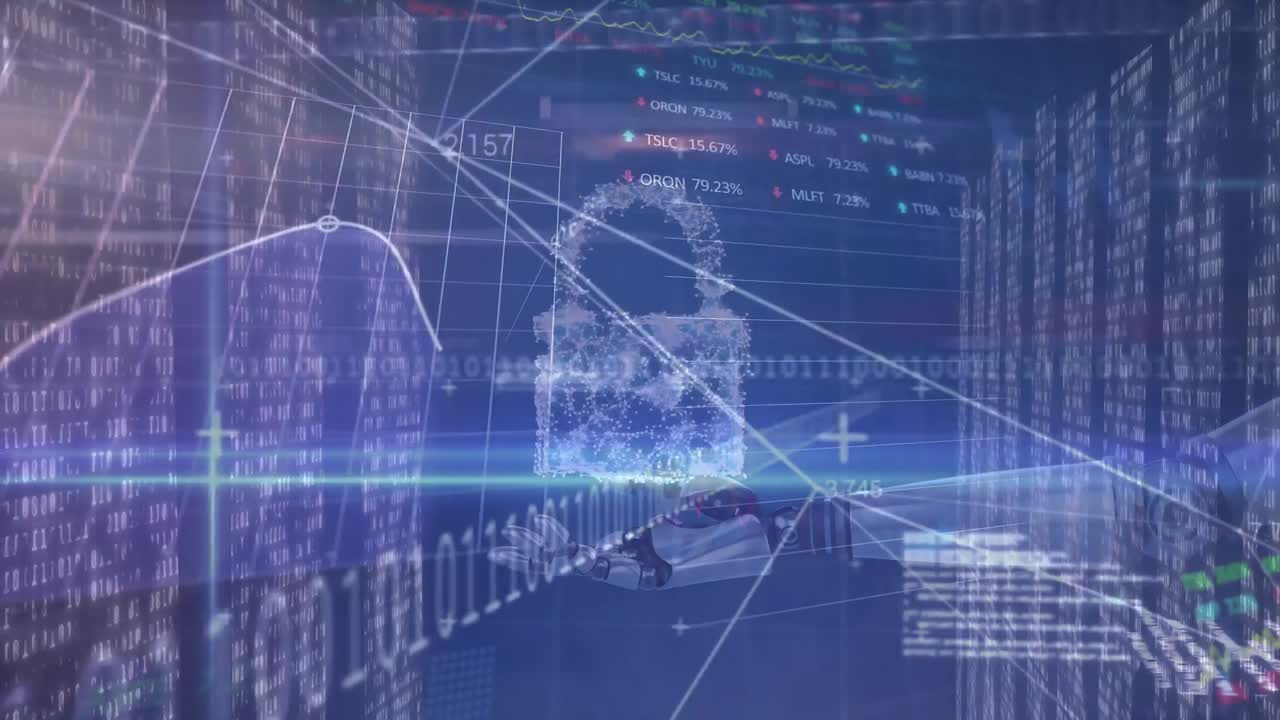 컴퓨터 서버를 통해 데이터 처리, 온라인 보안 패들록 및 바이너리 코딩의 애니메이션