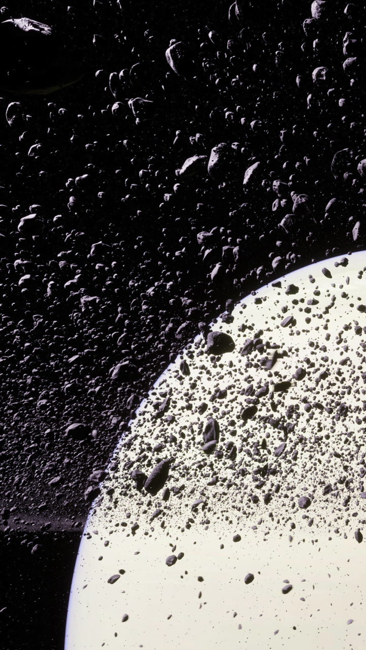Vast cosmic scene revealing a celestial body amidst floating asteroids